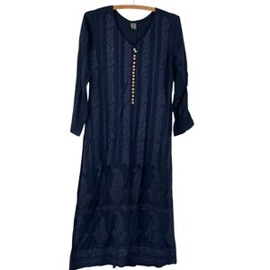 Embroidered Navy Midi Dress Long Sleeve Button Up Rhinestone V-Neck Boho Dress S